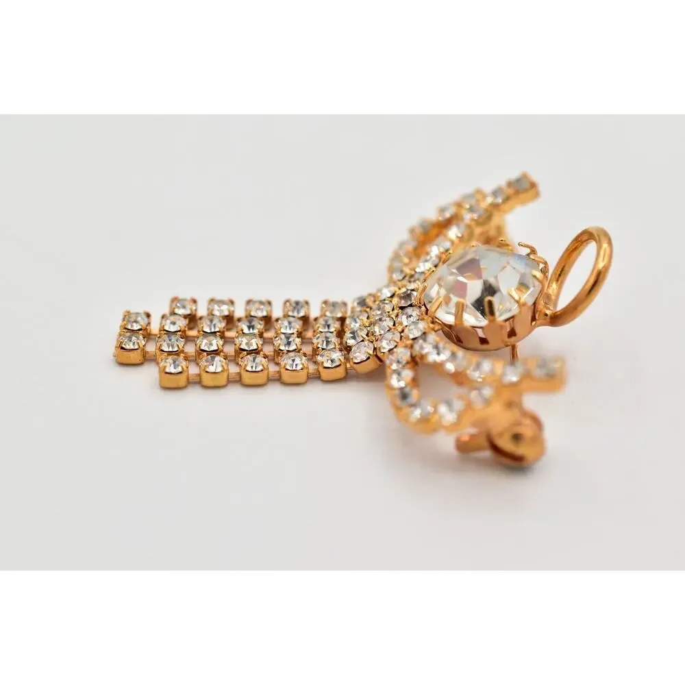 Vintage Crystal Angel Pin Brooch Prong Rhinestone Halo Gold Tone Fringe BinAL